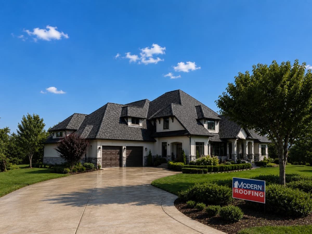 Modern Roofing home with new roof and yard sign in Middle Tennessee